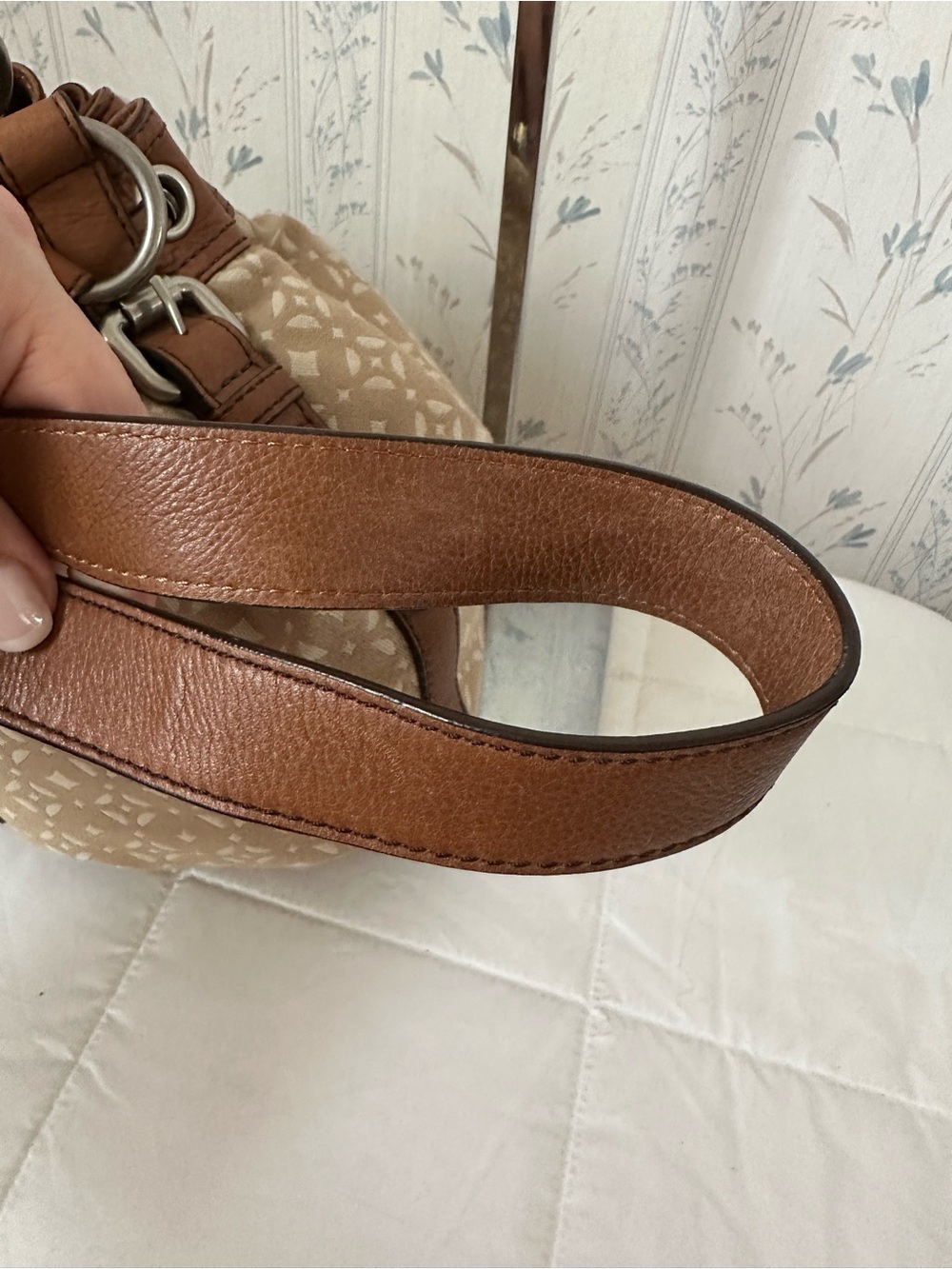 Fossil Beige Patterned Drawstring Bucket Bag with Brown Trim - Picture 9 of 16